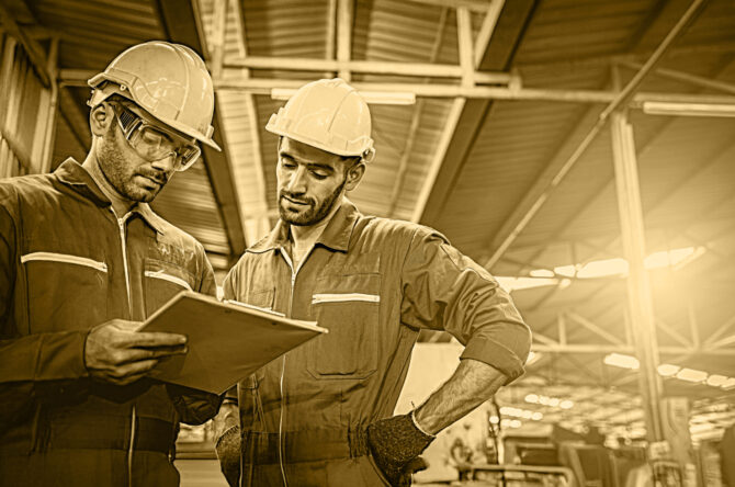 Inspector engineers writing on a clipboard with a pen. Routine maintenance inspection checklist.