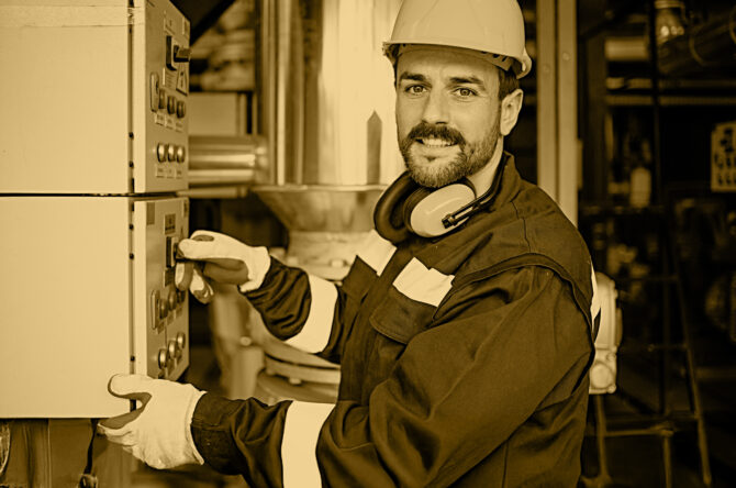 Portrait of professional caucasian electric engineer turning on the switches.