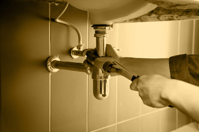 Plumber uses wrench to repair water pipe under sink There is maintenance to fix the water leak in the bathroom.with red wrench, plumbing install concept.